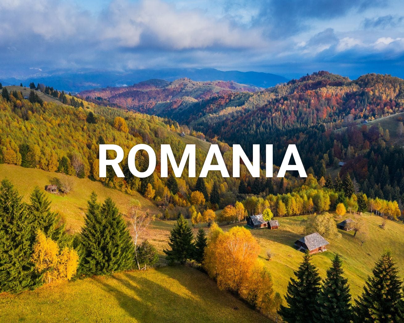 Romania title card of colorful forested mountains