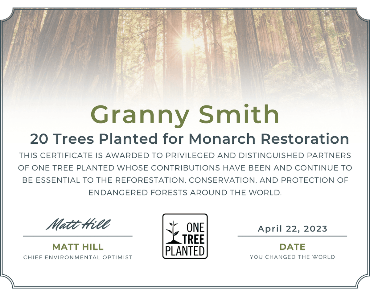 Monarch restoration tree certificate